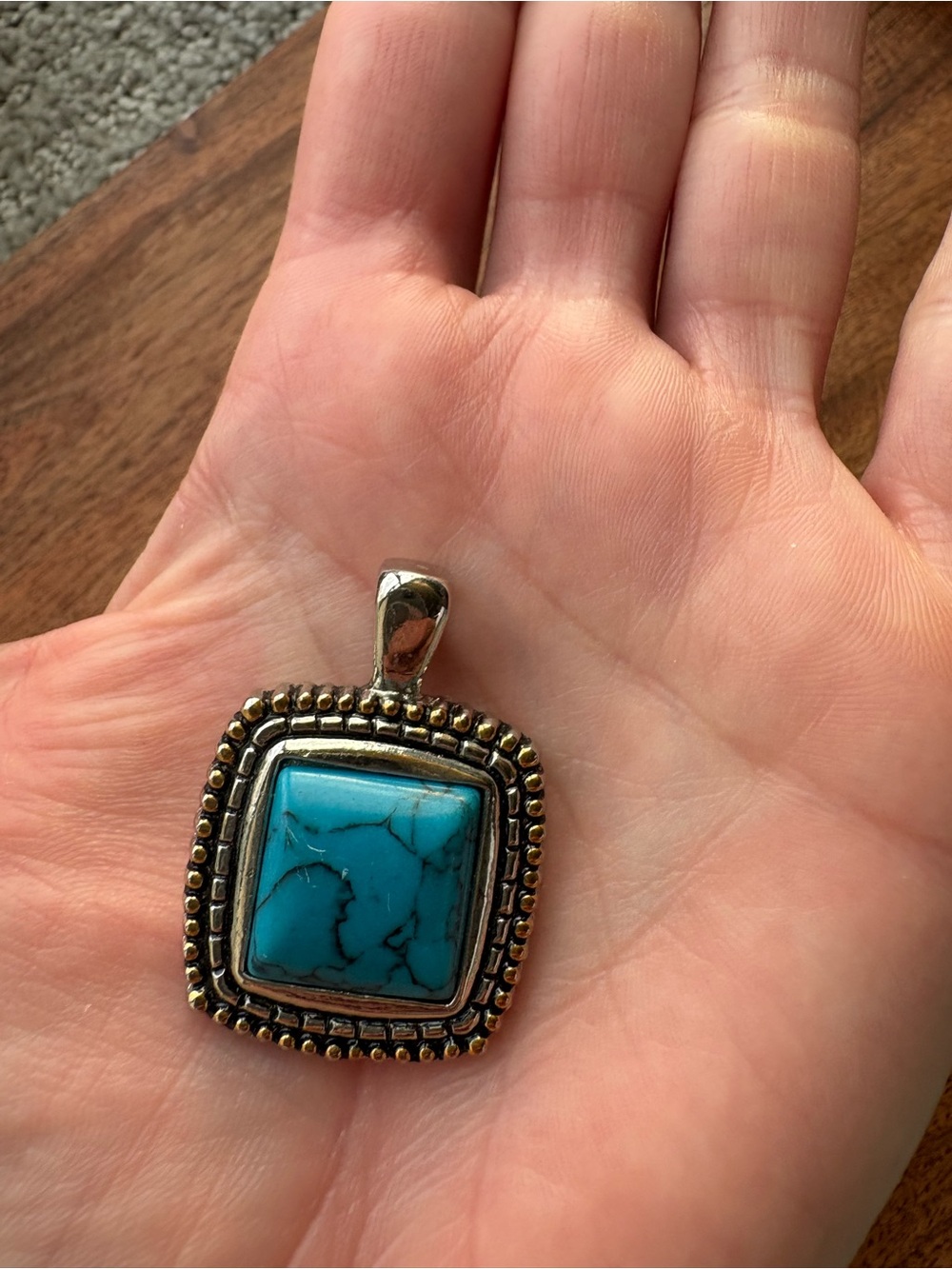Turquoise Square Statement Pendant in a Silver and Gold Tone Setting - Picture 3 of 7